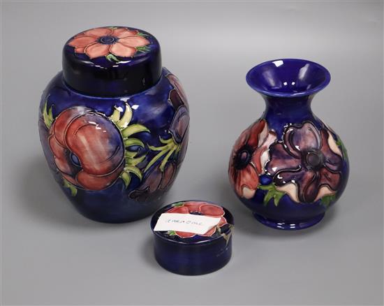 A Moorcroft anemone jar, vase and lidded pot tallest 16cm